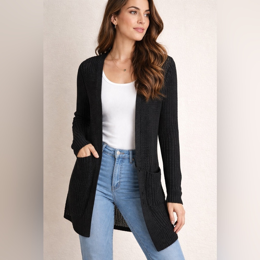 Black Open-Front Cardigan Sweater